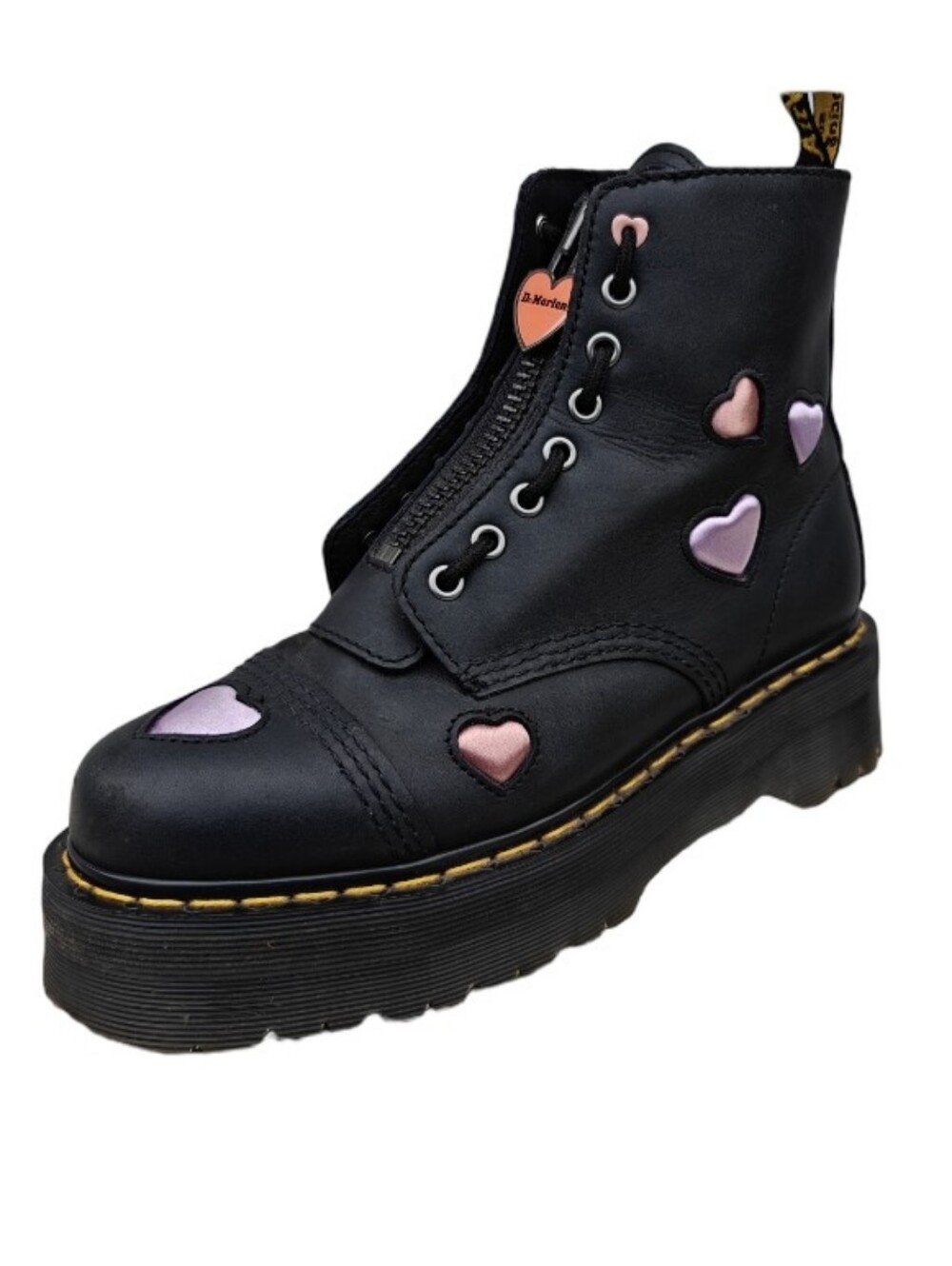 Dr. Martens Sinclair Women's Black Leather Platform Boot with Pink Heart Accents